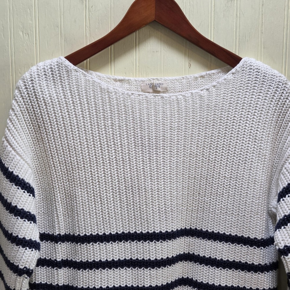 Lands' End Canvas Sweater Womens Medium White Navy Striped Boat Neck Knit